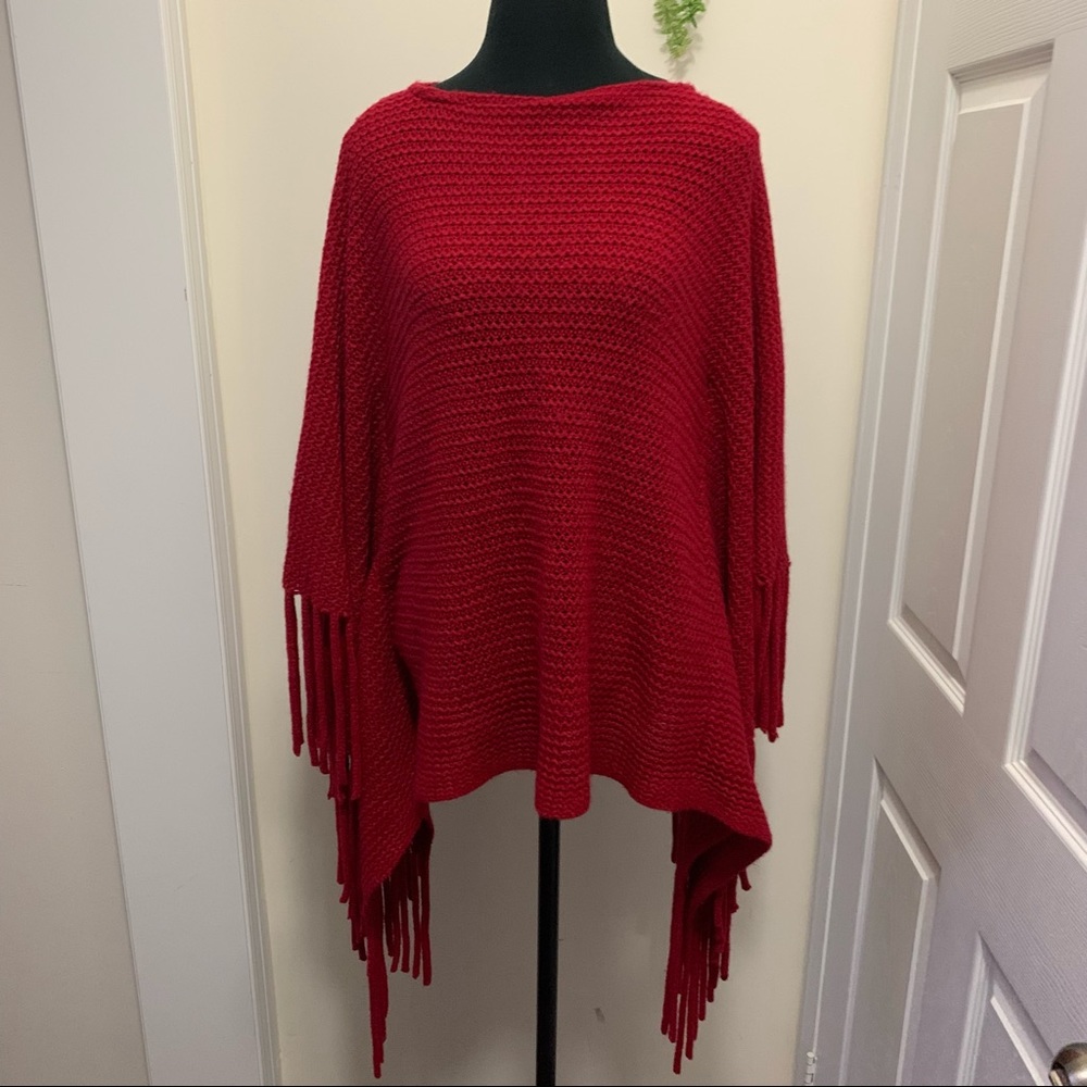 Coco & Carmen Fringe  Red Knit Warm Poncho Size OS